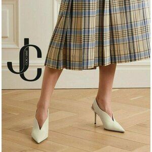 Jimmy Choo Saise 85 Pointed Toe Slingback Heel Pump White Leather EU 39.5 US 9.5